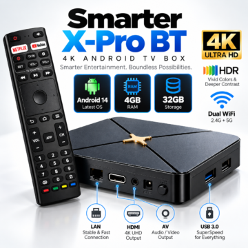 Smarter X-Pro BT 4K Android TV Box with Remote Control, Amlogic Quad-Core, 4GB RAM and 32GB Storage